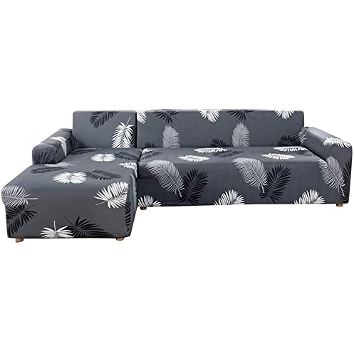 TOPCHANCES L Shape Sofa Cover,2 Pieces L- Shaped Stretch Sectional Couch Covers with 2pcs Pillowcases,Stretch Sofa Slipcover L-Type 3 Seats +3 Seats Sectional Sofa Cover (Grey &White Feather)