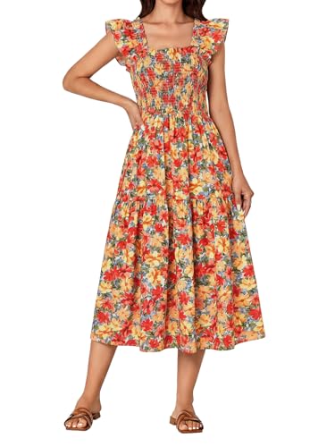 Image of Rooscier Women's A Line Smocked Midi Dress | Summer Sleeveless Square Neck Casual Sundress