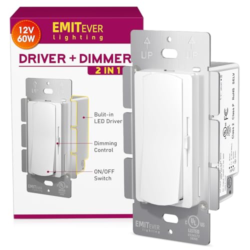 Dimmer Light Switch & 12V 60W Dimmable LED Driver 2 in 1 UL Listed Single-Pole or 3-Way Slide Dimmer Switches for Led Strip Lights 120VAC to 12VDC Power Supply for Low Voltage Project Glossy White