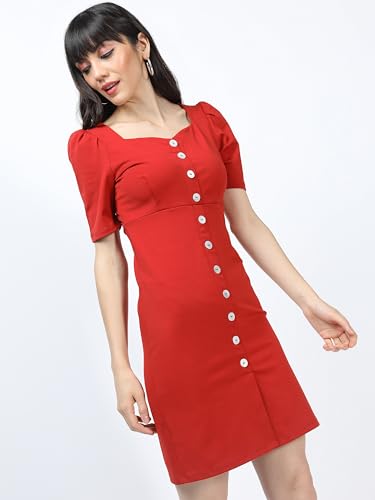 Image of Tokyo Talkies Women's Elegant Solid Sheath Dress | Short Sleeves& Front Button Detail for a Feminine Touch