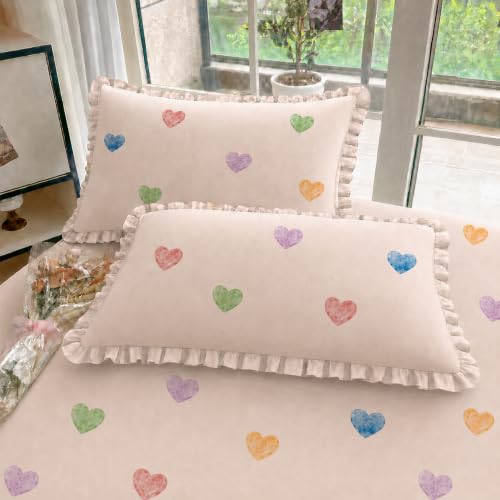 Image of VOMZER King Size (72x78) 300 TC Soft Cotton Feel Microfiber All Around Elastic Fitted Double Bedsheet with 2 Frill Pillow Covers | Dust Pink Heart