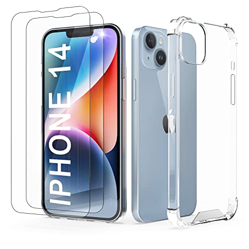 Cover Compatibile con iPhone 14 Posteriore Semi Rigida TPU Hard Clear Anti-Shock Custodia Guscio Case Retro Protettiva Semirigida Trasparente Angoli Rinforzati +2 Pellicole