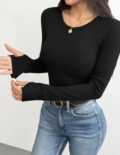 Ekouaer Long Sleeve Shirts for Women Ribbed Base Layer with Thumb Holes - image 2