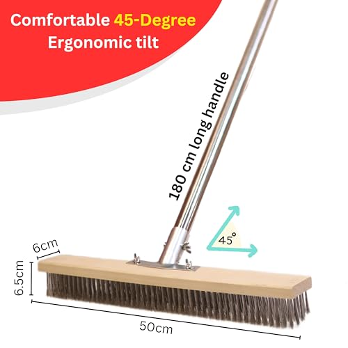 Image of Stainless Steel Wire Heavy Duty Brush 50 cm | Metal Wooden Brush with 70 inch Long Stainless Steel Pole for Floor, Swimming Pool, Terrace, Bathroom, Garden, Block, Moss, Stains Cleaning