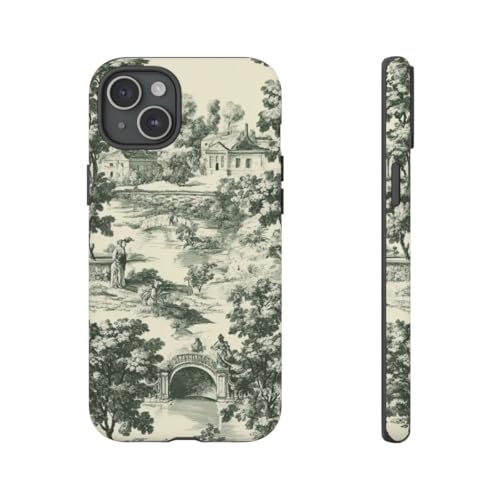 Coque rigide iPhone 15 Plus verte motif toile de campagne avec arbres