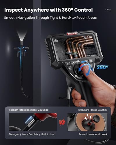 Image of Ralcam Industrial Borescope Camera with Replaceable Snake Cable, 5 inch HD Display, 4-Way Articulating Probe & Stainless Steel Joystick, 6.2mm Camera, Waterproof Cable, 5 FT Auto & Pipe