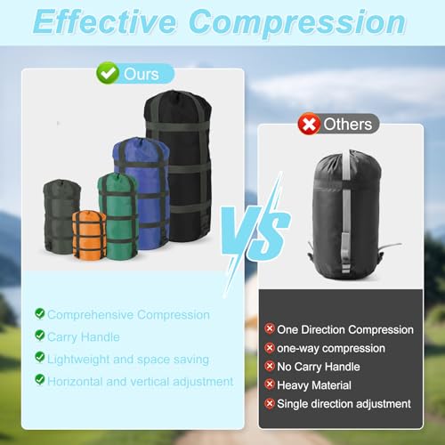 5 Pack Compression Sack for Sleeping Bag Stuff Sack Adjustable Sleeping Bag Compression Stuff Sack 6L+18L+25L+35L+52L Space Saving Gear for Backpacking Hiking Camping Outdoor and Travel Storage (5)