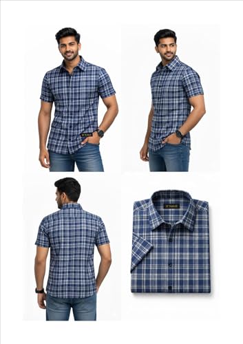 Image of Xuber Men's Blue Checked Cotton Blend Casual Shirt | Half Sleeve | Regular Fit | Stylish Plaid Design