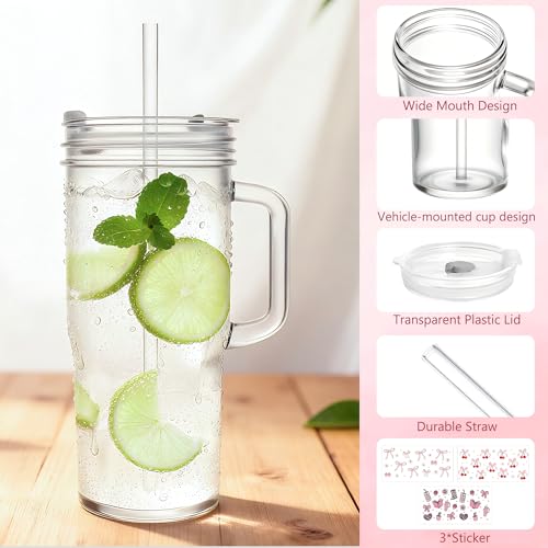 Image of Birity 24oz Glass Tumbler with Handle, 2 Pack Pink Bow Cups with Lids, Straws & Decor Stickers, Reusable Iced Coffee Cup for Boba Tea, Smoothies, Juice, Christmas Holiday Gift for Women