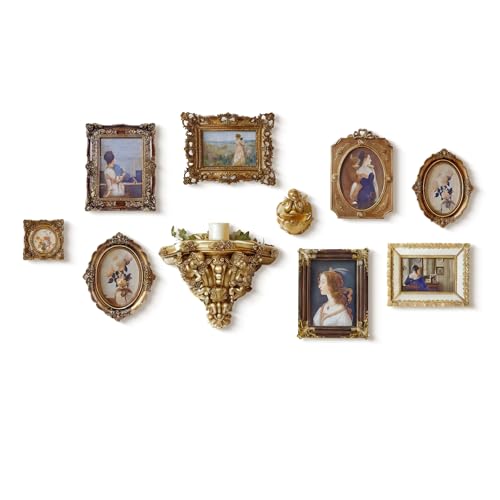 10 Pack Vintage Wall Decor, 5x7 Gold Picture Frames Antique Resin Gallery Wall Frame Set with Wall Shelf & Sculptures, Collage Photo Frames for Wall/Tabletop Display, Ornate Home Decor