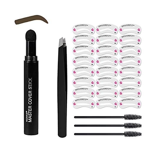 Eyebrow Stamp Stencil Kit, 29 in 1 One Step Eyebrow Stamp Shaping Kit with Eyebrow Tweezer, Long Lasting Waterproof Brow Powder 24 Styles Reusable Stencils, Gray Black (Nearly Taupe)