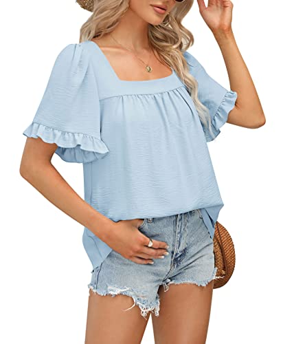 Womens Spring Tops Cute Summer Trendy Short Sleeve Loose Fit Blouses Blue L #TOP2