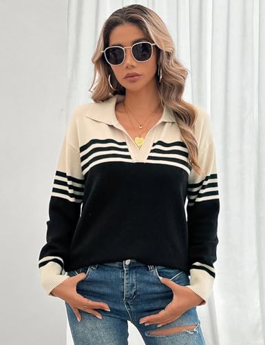 CiCiBird Women Fall V Neck Sweater Color Block Polo Long Sleeve Shirt Casual Loose Striped Pullover Sweaters3
