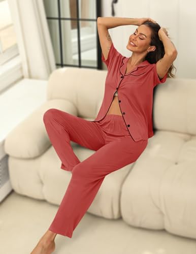 Image of HNG Women Pajamas Set 2 Piece Button Up Pajamas Pant and Short Sleeve Shirt for Woman Pj Sets with Pocket