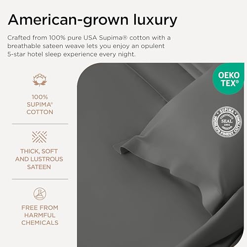 Image of Threadmill 1200TC Supima Cotton Queen Sheet Set, Sateen, Dark Grey, 4-Piece | 100% Supima Cotton, Sateen Weave, 4-Piece Set, 17 inch Deep Pocket, All-Around Elastic, Fade-Resistant, Hotel Quality