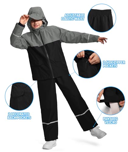 Image of Kids Rain Suit Jacket and Pants Set with Reflective Strips Adjustable Hood Flap Pocket for Boys Girls