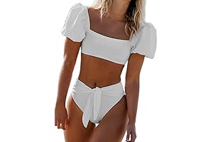 Womens 2024 Cute Bubble Sleeves Adjustable High Waisted Bikini Swimsuit Two Piece