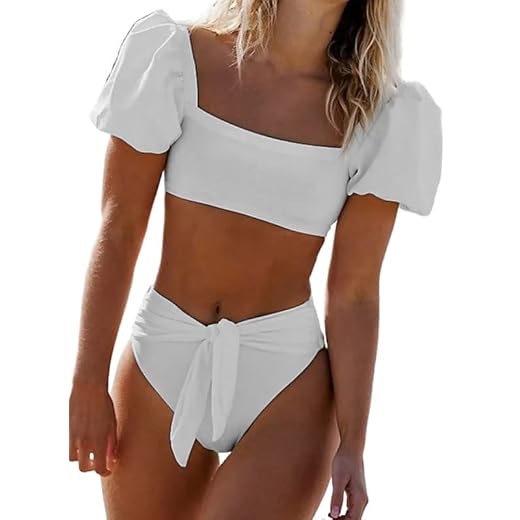 Dokotoo Women's Bikini Swimsuits Ladies Bubble Sleeves Tie Waist Back Bandeau High Waisted Bikini Set Cute Solid Padded Two Pieces Bathing Suit Bikinis for Women White Small