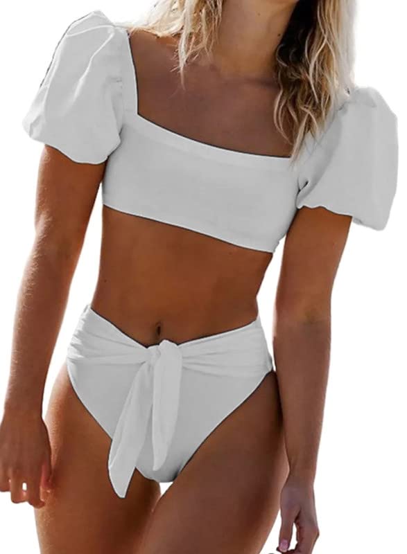 DokotooWomens 2024 Cute Solid Bubble Sleeves High Waisted Two Piece Bikini Swimsuit