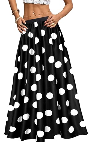 Sinono Women's Chiffon Stripe Maxi Skirt High Waist Mopping Floor Skirts (Small, Black Dot)