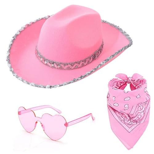Rosa Cowboy Hut Damen Set Western Filzhut mit Federtrimm Herz Brille und Rosa Bandana Accessoires Westen Cowgirl Kostüm Pinker Cowboyhut für Damen Mädchen Cosplay Party Halloween Karneval