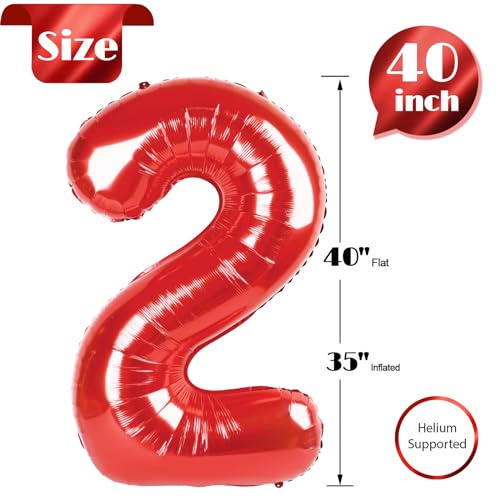 Image of Red Number 2 Balloon 40 Inch, 2nd Birthday Decoration, Sparkling 2 Number Balloon Party Decor