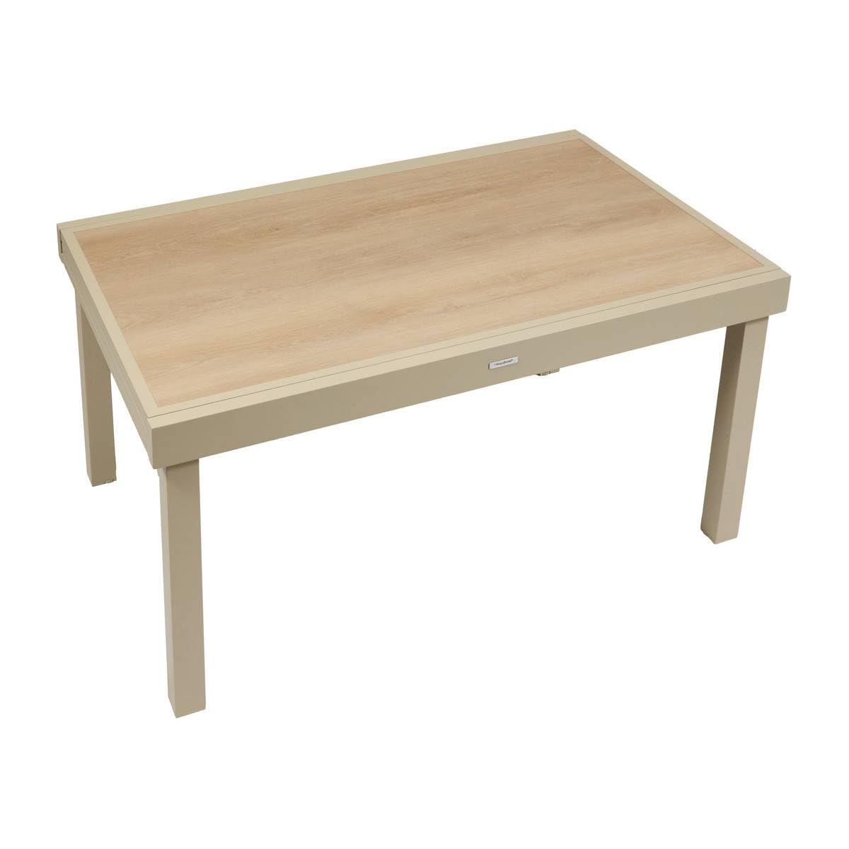 Hespéride - Table de Jardin Extensible Piazza Argile - 10 Places - Aluminium Traité Epoxy Antirouille - Plateau Verre Trempé Effet Bois - Meuble d'Extérieur à Rallonge Coulissante