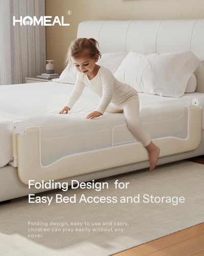 Image of HOMEAL Bed Rail for Toddlers, 32in Swing Down Toddler Bed Rails with U-Shape Base, Foldable Baby Bed Rail Guard, Twin Size, Full Size, Queen Size, King Size Beds, Bed Rail for Baby, Beige