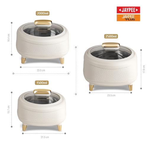 Image of JAYPEE Kingston Klass Stitched Leather Luxurious Outer & Inner Stainless Steel Casserole Set of 3 with Glass Lid (1500+2000+2500) ml PUF Insulated Serving casserole Set Roti Box Hot Box BPA Free,White