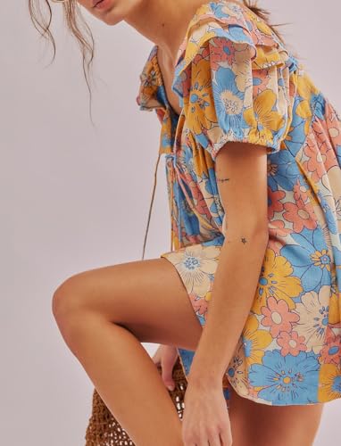 Image of ROAONOCOMO Women Floral Pajama Set Ruffle Puff Sleeve Peplum Shirt Coquette Pj Set Bow Babydoll 2 Piece Shorts Outfit