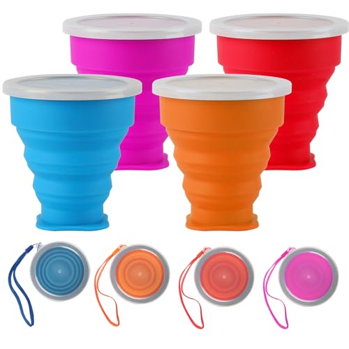 4 Pcs Vaso Plegable Silicona, Vasos Plegables de Viaje, Taza Plegable Viaje con Tapa, Copas Vaso Reutilizable Plegables Portatil, Tazas de Viajes Silicona para Picnic Senderismo Camping Caminatas