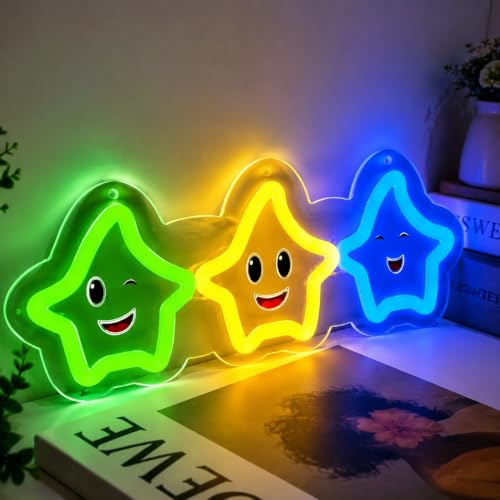 Image of Cute Stars Neon Sign Gaming LED Neon Light for Wall Decor, Dimmable Colorful Cartoon Stars for Gaming Room Bedroom Kids Room Party Decoration Gifts for Kids