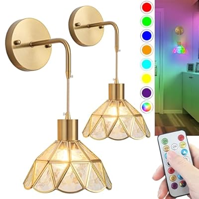 SLYWISE Battery Operated Wall Sconce, Wireless Wall Sconces Set of Two Battery Operated, RGB Color Changing Dimmable Battery Operated Sconces with Remote for Bedroom Living Room, Easy to Install