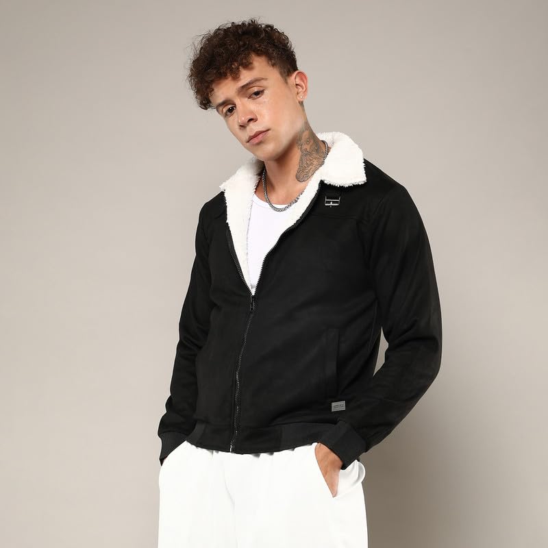 Image of CAHOOT Men's Fur-Lined Suede Bomber Jacket For Casual Wear | High Neck | Long Sleeve | Zipper Closure | Jacket Crafted With Comfort Wear For Everyday Wear
