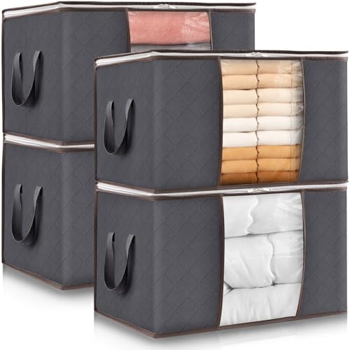Lifewit Bolsa Almacenaje Ropa, Cajas Almacenaje Plegable, Organizador Armario, Cajas Mudanza, Bolsas con Asa Reforzada para Guardar Ropa, Mantas, Edredones, Gris, 95L, 4 Piezas