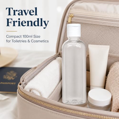 Image of MAPPERZ Empty Clear Refillable Bottles Travel Size, Cosmetic Containers Small Leak Proof Squeeze Bottles with White Flip Top Cap for Toiletries, Shampoo, Round, 100ml, Pack of 6