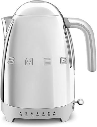 SMEG Hervidor eléctrico de temperatura variable de 7 tazas, estética de estilo retro con tecnología avanzada, acero inoxidable, 1400 W, 120 V, base