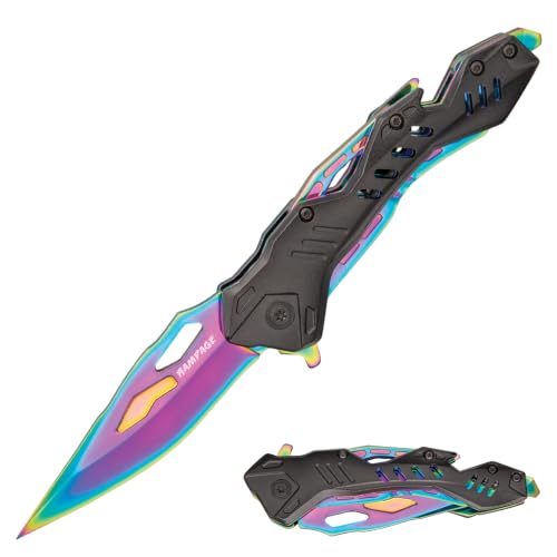 United Cutlery Rampage Rainbow Atomica Assisted Opening Pocket Knife | 3 1/2 Inch Stainless Steel Blade | Black And Rainbow Aluminum Handle | Bottle Opener | Glass Breaker | Pocket Clip