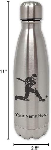 Miniatura 6 de LaserGram Botella de agua de acero inoxidable de una sola pared, jugador de críquet, grabado personalizado incluido