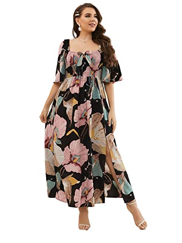 Makemechic Women's Plus Size Boho Floral Short Sleeve High Waist A Line Swing Maxi Dress Multicolor 3Xl #TOP6