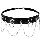 Punk Waist Chain Belt, Punk Belt with Chain for Women, Rave Leather Chains Belts, Gothic Body Accessories for Women (Black Leather + Silver Chains)