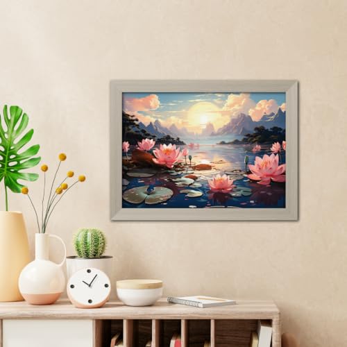 Image of TenorArts Red Lotus Photo Frame Vastu Positivity Aesthetic Wall Painting Lucky Art Framed with White Wooden Texture for Living rooms Office Bedroom - Wall Paintings /Hangings (12inches x 9inches)