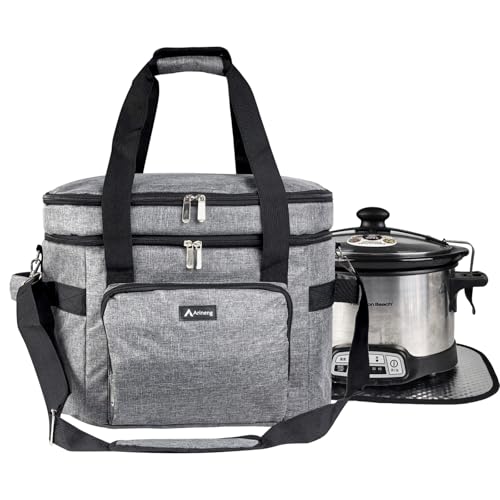 Arineng Double Layer Slow Cooker Carrier for 5-8 Quart Crock Pots - Insulated Travel Carrier with Fixators, Base Pad, and Shoulder Strap - Suitable for Small and Large Slow Cookers (Grey)