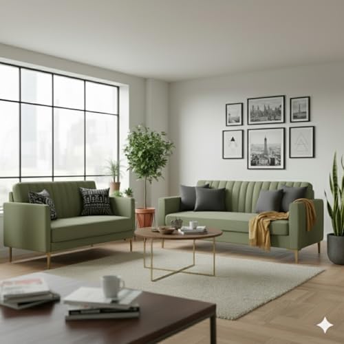 Image of 3+2 Seater Velum Fabric Sofa Set for Living Room, Modern Design with High Density Foam, Solid Wood Frame, Ergonomic Comfortable Seating for Home & Office (Frosty Green, 3+2 Seater) | Soft foam comfort, Strong wood frame