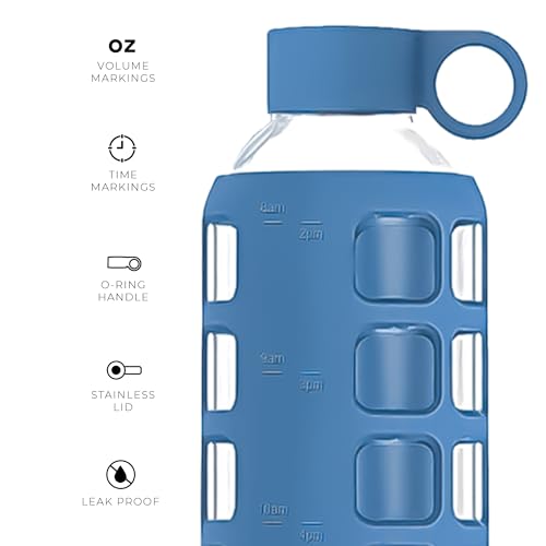 purifyou 40oz / 32oz / 22oz / 12oz Borosilicate Glass Water Bottle with Time & Volume Markers, Silicone Sleeve, Stainless Steel Lid | Reusable Glass Bottle for Water & Juice (40oz Chinese Porcelain)