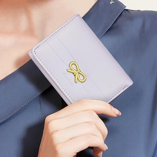 Women Wallet with Heart-Shaped ID Window and 7 Card Slots, Cute Wallet with Bow Simple Stylish Ladies Wallets (Purple)