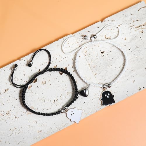 Image of 2Pcs Love Heart Couple Matching Bracelet Set Adjustable Braide Rope Halloween Mummy Ghost Pumpkin Hat Wizard Bracelet for Women Men Lover Friend Friendship Jewelry