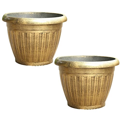2 Pack Rustic Flowerpot with Antique Copper Look Vintage Large Planter for Garden Patio Outdoor Durable Plastic Flower Pot for Plant Home Decor Reusable Color Brass Size 216