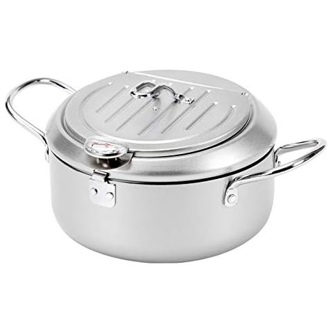Tempura Frying Pan, 10 inch Deep Fryer Pot with Temperature Control, Carbon Steel Japanese Fryer Pot for Kitchen Home Cooking Chicken Legs, Dried Fish Tools (Silver) Cover