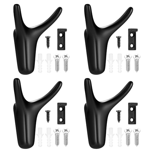 4 Pièces Crochet Mural, Crochet Porte Manteau Mural Double, Accroche Serviette Salle de Bain Patère Murale, Porte Serviette Noir pour Salle de Bain, Chambre à Coucher, Cuisine